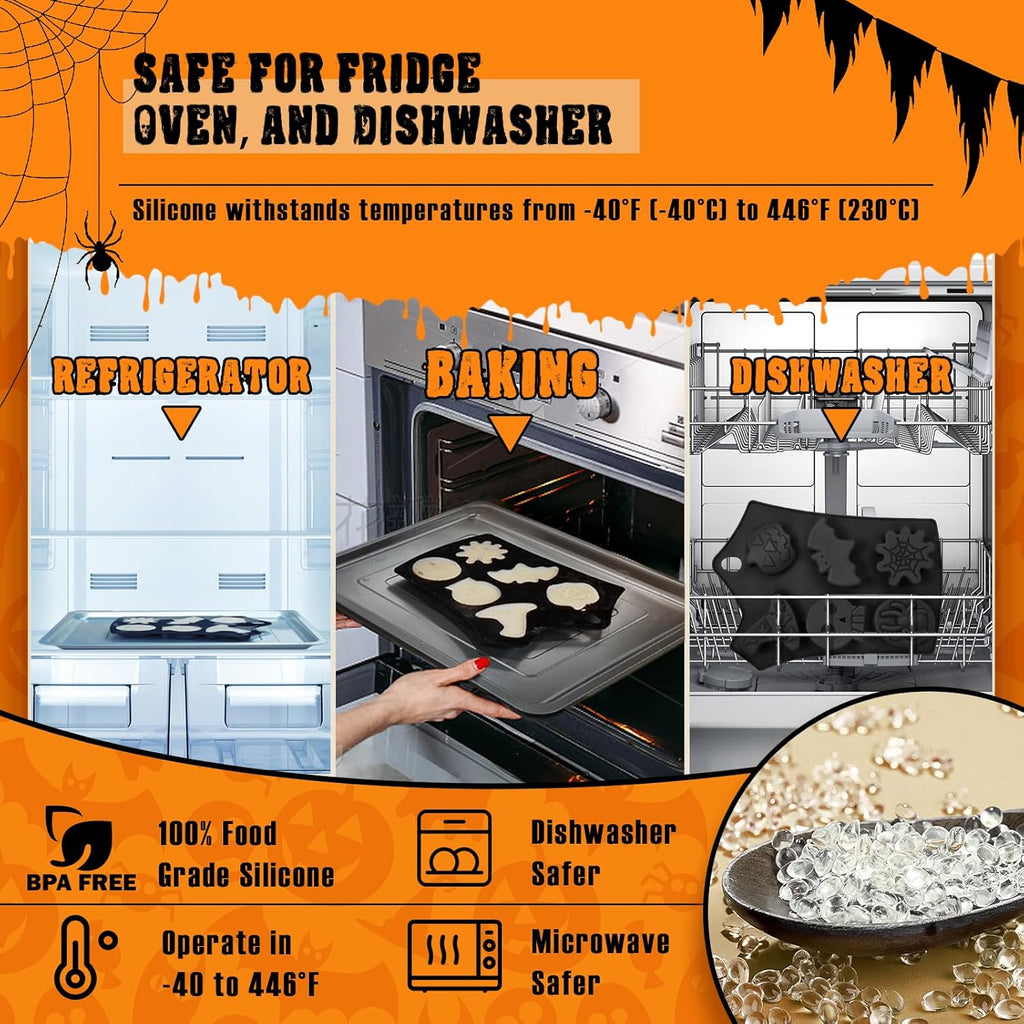 Halloween Silicone Molds Set 19 Shapes Large Baking Molds Pack of 4 Including Pumpkin Skull Ghost Bat Hat Spider Web House Molds, 3D Spooky Homemade Soap Candle Ice Pan Muffin Cupcake Moulds Oven Safe