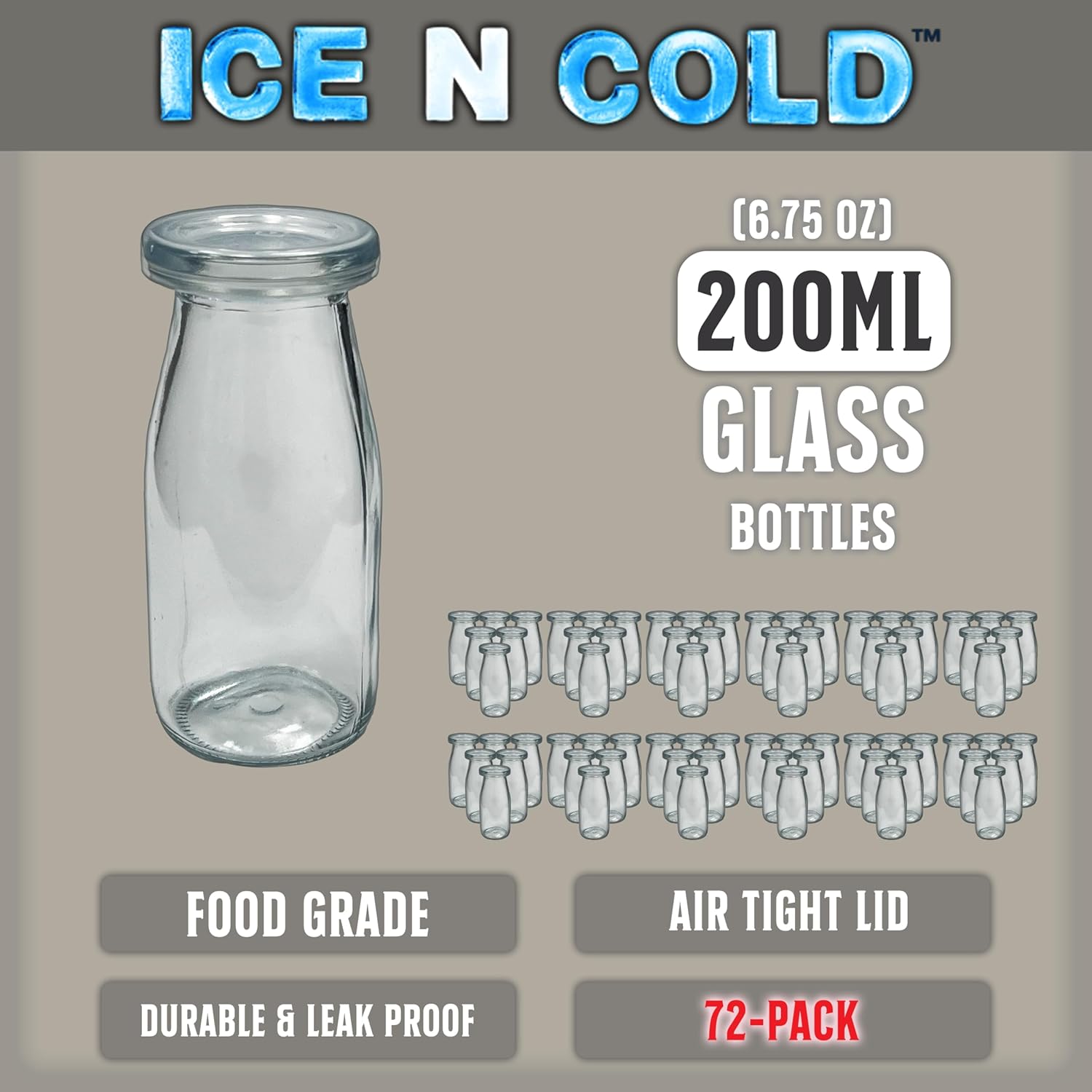 6.76 oz / 200ml Vintage Glass Bottle with Leakproof Clear Lid, Reusable & Eco-Friendly – Ideal for Milk, Juices, Smoothies, Infused Water, BPA-Free Glass Bottle (72-Pack)