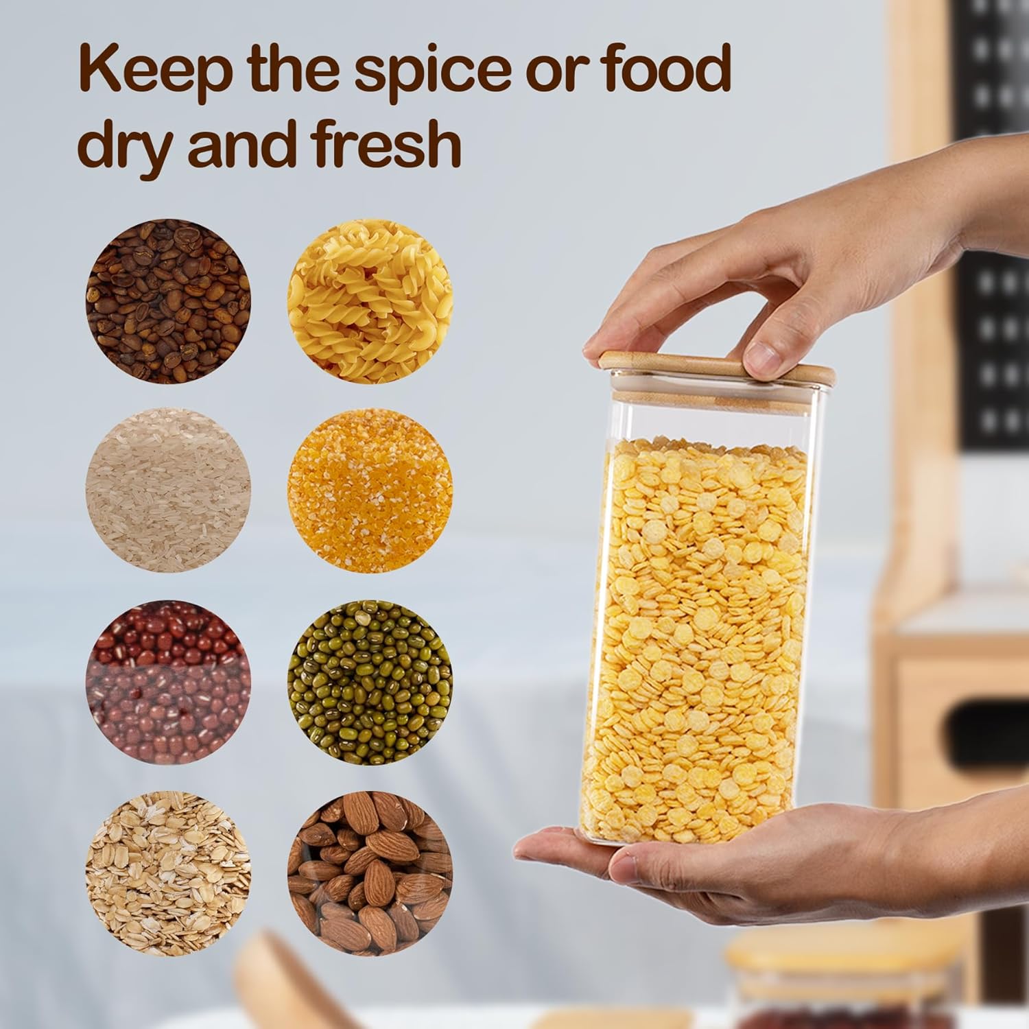 52oz Airtight Glass Square Storage Canister with Bamboo Lid Set of 3 (1550ml) Container Stackable Spice Jar, Kitchen Canister for Flour, Cookies, Cereal and Coffee beans (‎with Black Lable)