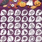 Marspark 30 Pieces Holiday Cookie Coffee Stencils Latte Art Halloween Thanksgiving Christmas Cookie Baking Stencils Templates Decoration for Cake Bread Decor, Reusable Sourdough Painting Mold Tools