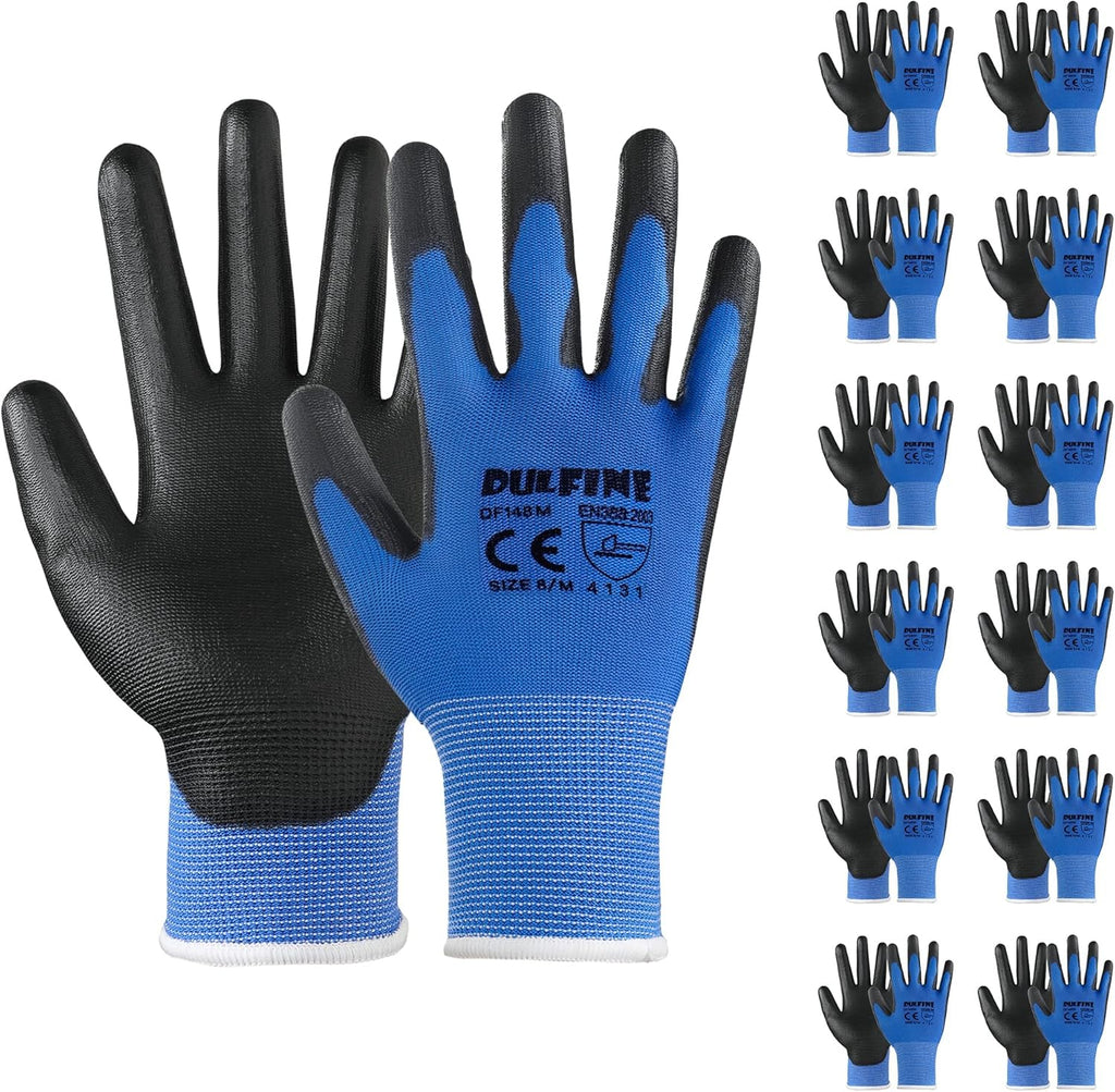 DULFINE Safety Work Gloves PU Coated-12 Pairs,Blue Seamless Knit Glove with Polyurethane Coated Smooth Grip on Palm & Fingers, for Men and Women, Ideal for General Duty Work (Large)