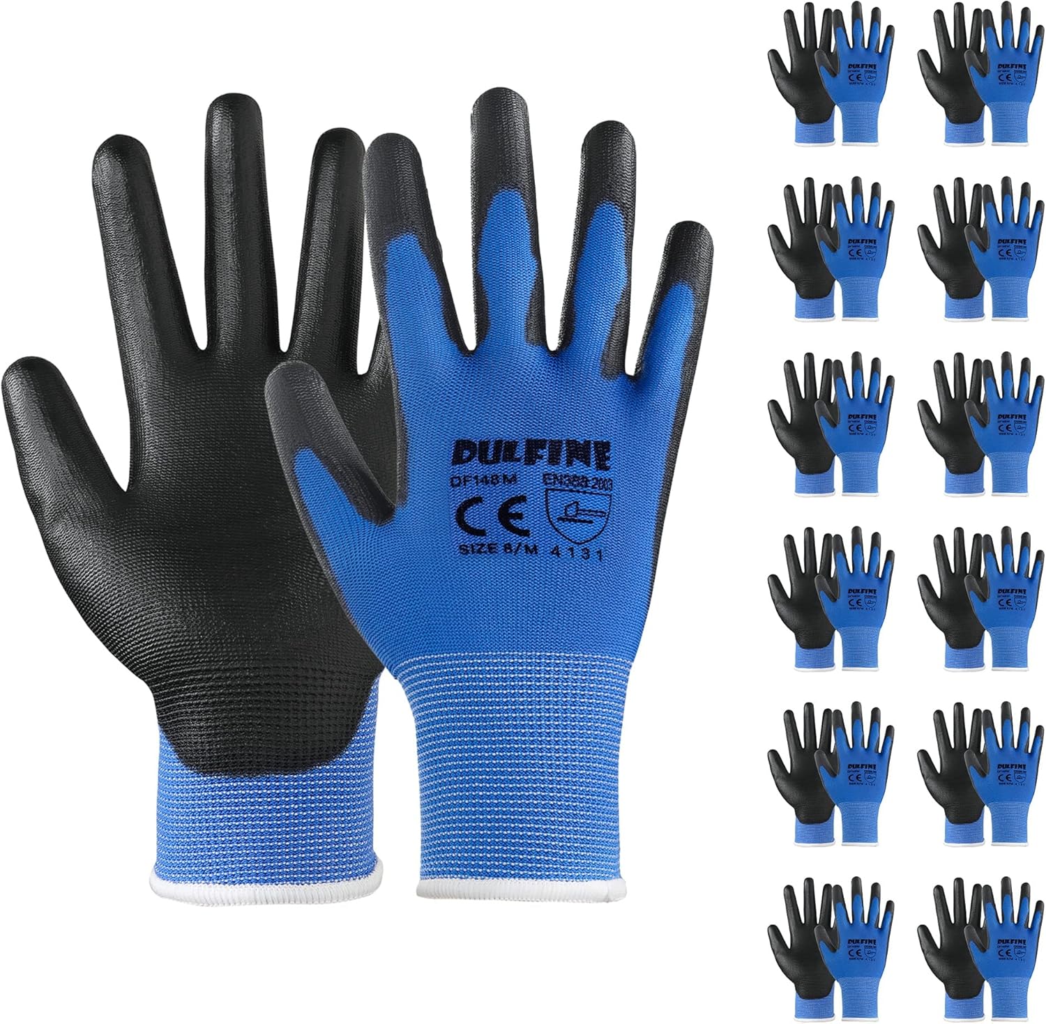 DULFINE Safety Work Gloves PU Coated-12 Pairs,Blue Seamless Knit Glove with Polyurethane Coated Smooth Grip on Palm & Fingers, for Men and Women, Ideal for General Duty Work (XX-Large)
