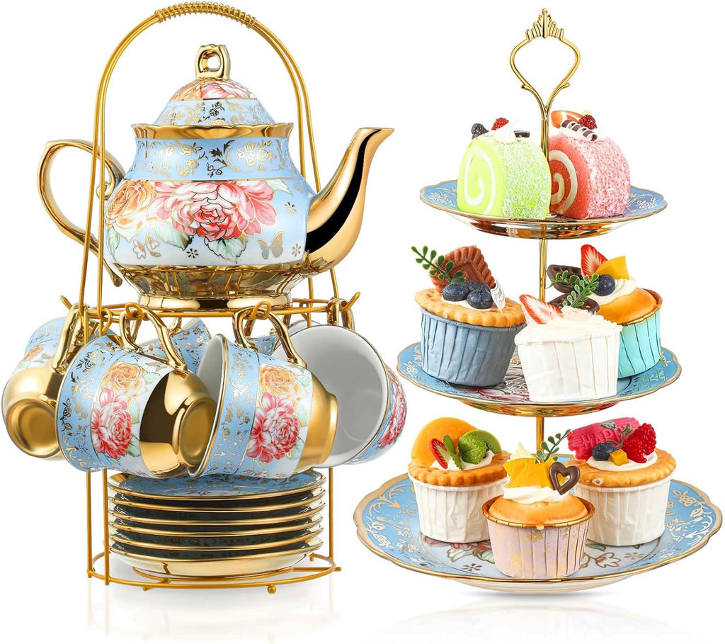 Maxcheck 21 Pcs Tea Party Set for Adults European Floral Tea Set with Metal Holder and 3 Tier Ceramic Cake Stand Porcelain Flower Cup Teapot for Dessert Cupcake(Advanced Style)