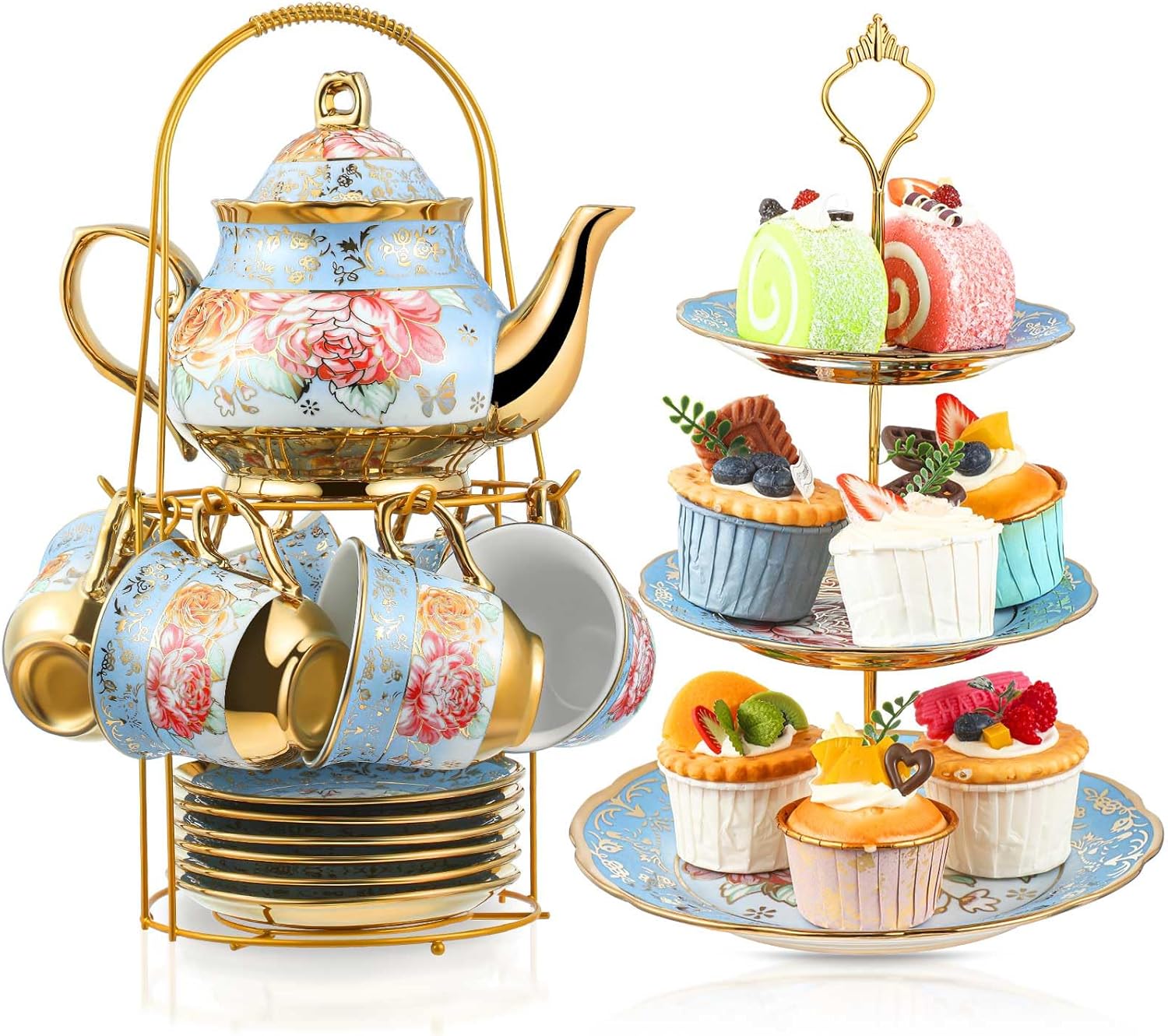 Maxcheck 21 Pcs Tea Party Set for Adults European Floral Tea Set with Metal Holder and 3 Tier Ceramic Cake Stand Porcelain Flower Cup Teapot for Dessert Cupcake(Advanced Style)