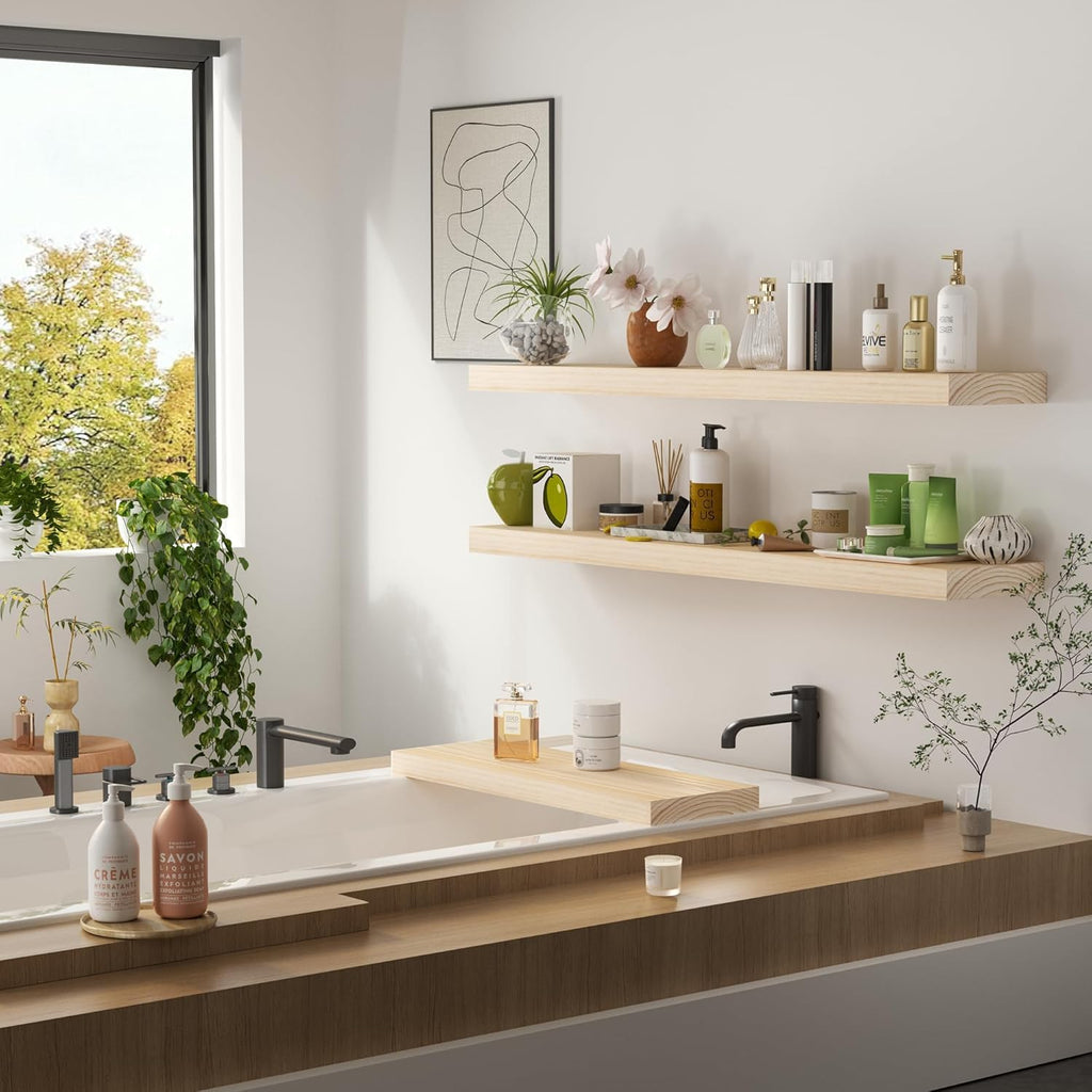 Vivelove Natural Wood Floating Shelves 48”，8 inch Deep Floating Shelf with Invisible Brackets, Unfinished Wall Shelves for Living Room, Bathroom, Kitchen, Bedroom, Home Decor, Set of 1 - Natural