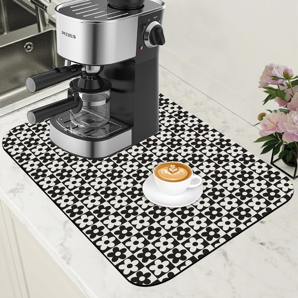 Black and White Checkered Flower Dish Drying Mat for Kitchen Counter Absorbent Coffee Bar Mat with Hide Stain Rubber Backed Coffee Maker Espresso Machine Cafe Table Accessories 11.8 x 19.7 Inch