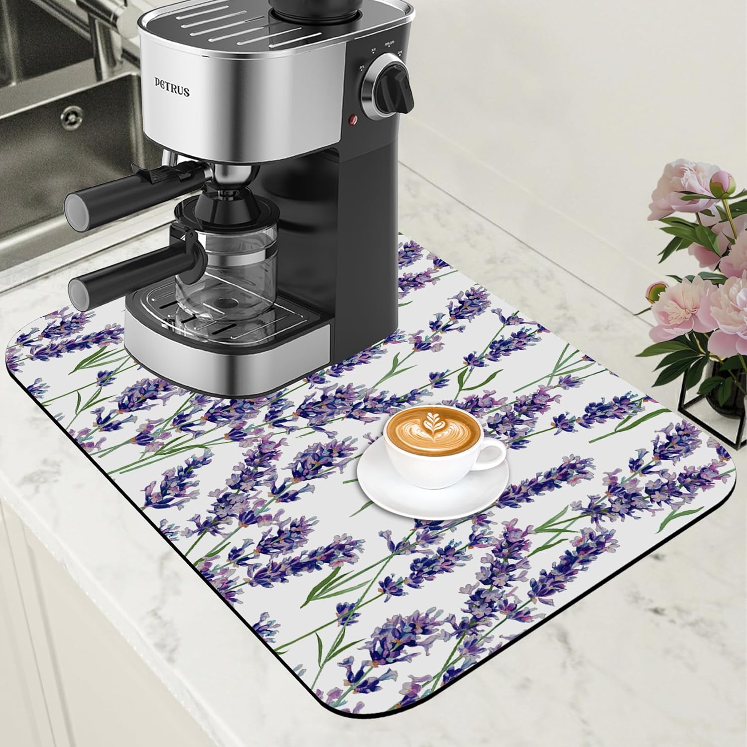 Dish Drying Mat Lavender Flowers Coffee Bar Mat for Countertop Absorbent Rubber Backed Hide Stain Dish Drainer Rack Pad Espresso Machine Cafe Table Dining Room Decoration 11.8 x 19.7 Inch