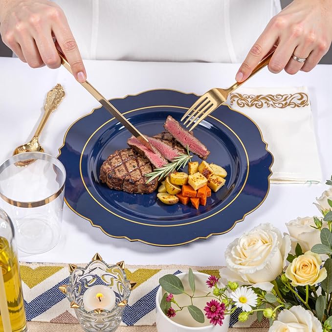 KIRE 210Pcs Navy Blue Plastic Plates - Blue Plates Disposable - 30guest Baroque Plastic Dinnerware for Hanukkah/Upscale Wedding/Parties