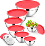 E-far Mixing Bowls with Lids Set, 7-Piece Stainless Steel Mixing Salad Bowls with 3 Grater Attachments, Size 4.6, 3.5, 2.6, 2, 1.5, 1, 0.7QT, Nesting Design & Red Airtight Lids, For Baking/Cooking