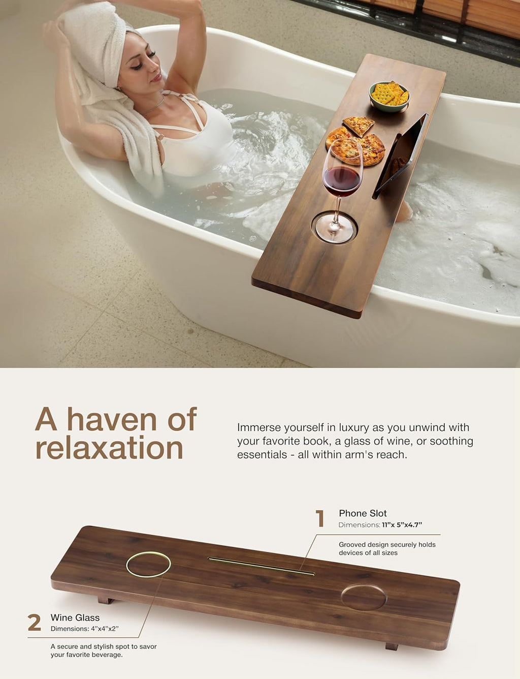 Tinamo 35”L Wooden Bathtub Tray, Bathtub Caddy Tray For Tub with Tablet Slot & Wine Holder - Acacia Bath Tray For Tub, Bath Table - Bathtub Tray Table with Adjustable Legs (Walnut color, 35"x 9"x2.5")