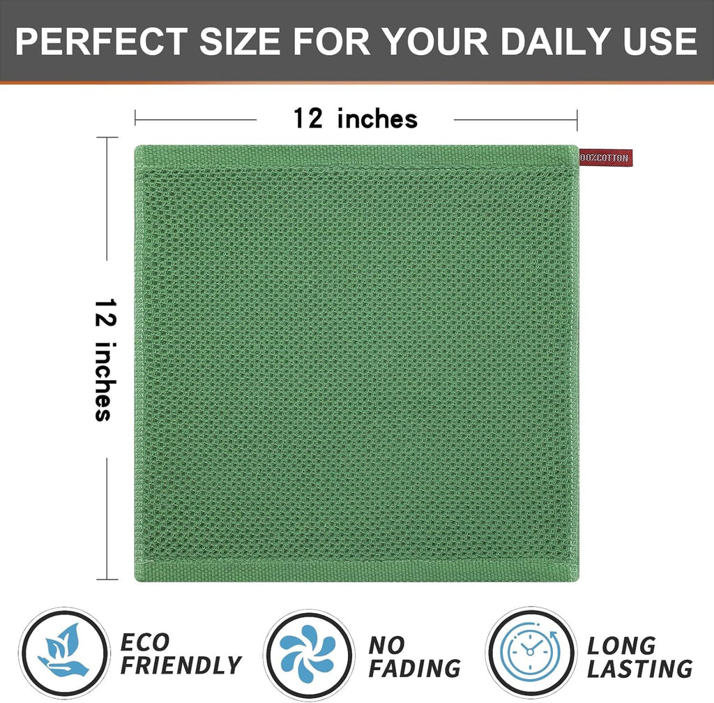 Kitinjoy 100% Cotton Kitchen Dish Cloths, 12 Pack Waffle Weave Ultra Soft Absorbent Dish Towels for Drying Dishes Quick Drying Kitchen Towels Dish Rags, 12 X 12 Inches, Grass Green