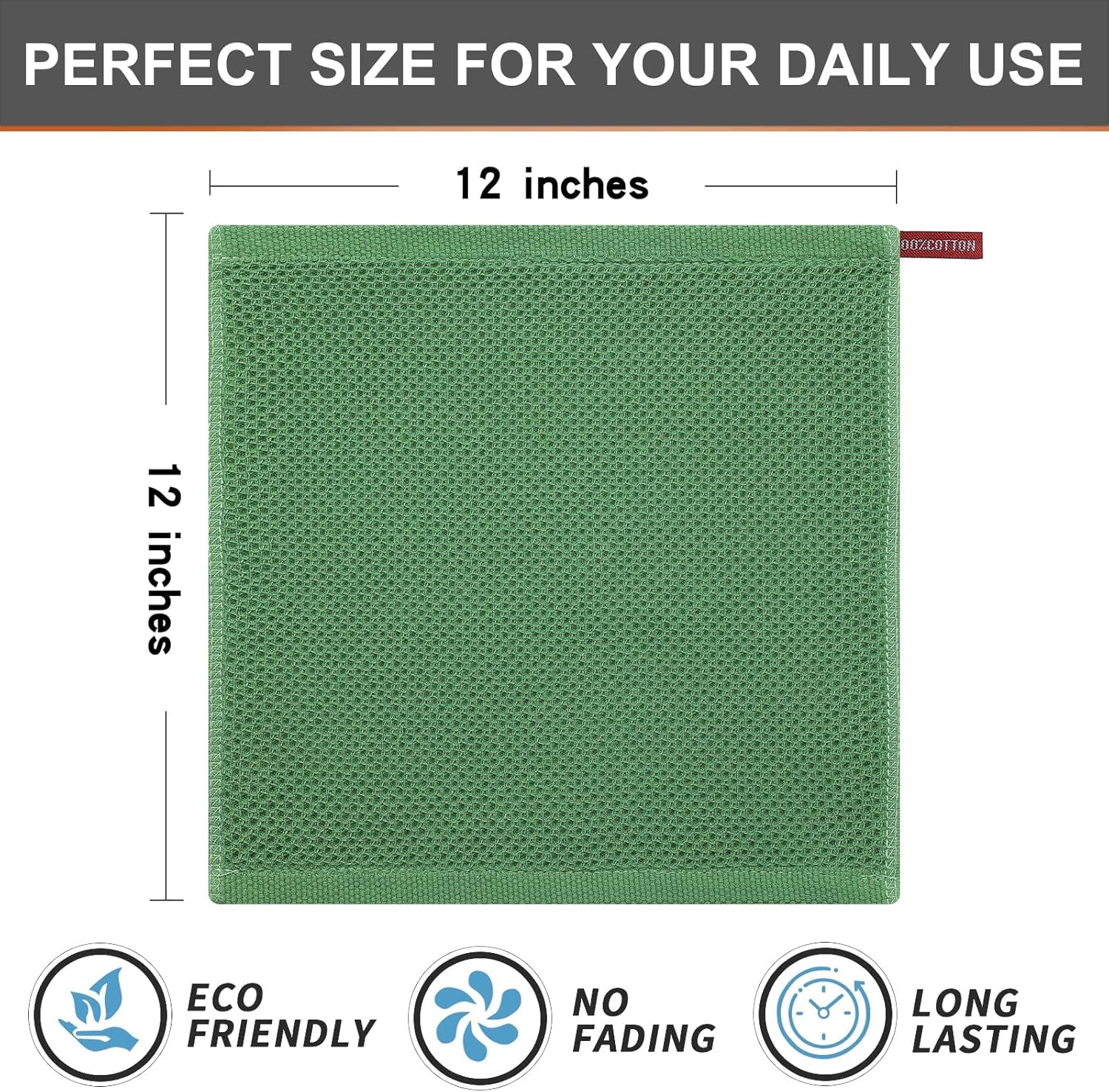 Kitinjoy 100% Cotton Kitchen Dish Cloths, 12 Pack Waffle Weave Ultra Soft Absorbent Dish Towels for Drying Dishes Quick Drying Kitchen Towels Dish Rags, 12 X 12 Inches, Grass Green