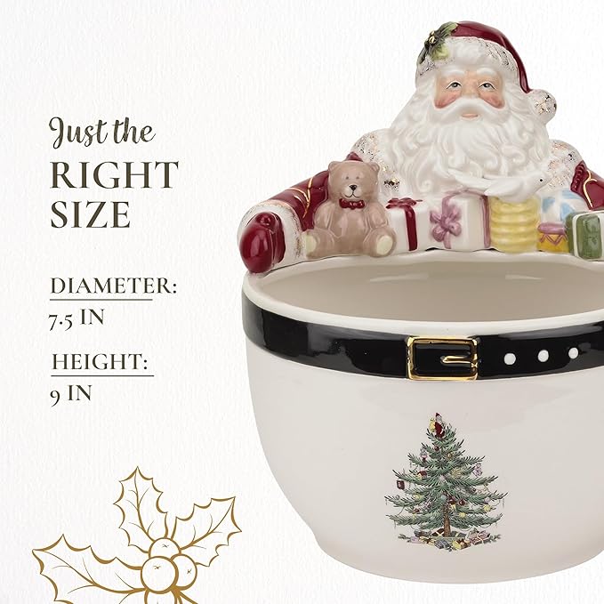 Spode Christmas Tree 7-Inch Santa Nut Bowl - Decorative Serving Bowl for Candies, Nuts, or Desserts - Christmas Holiday Season, Fine Earthenware - Holiday Entertaining & Festive Table Decor
