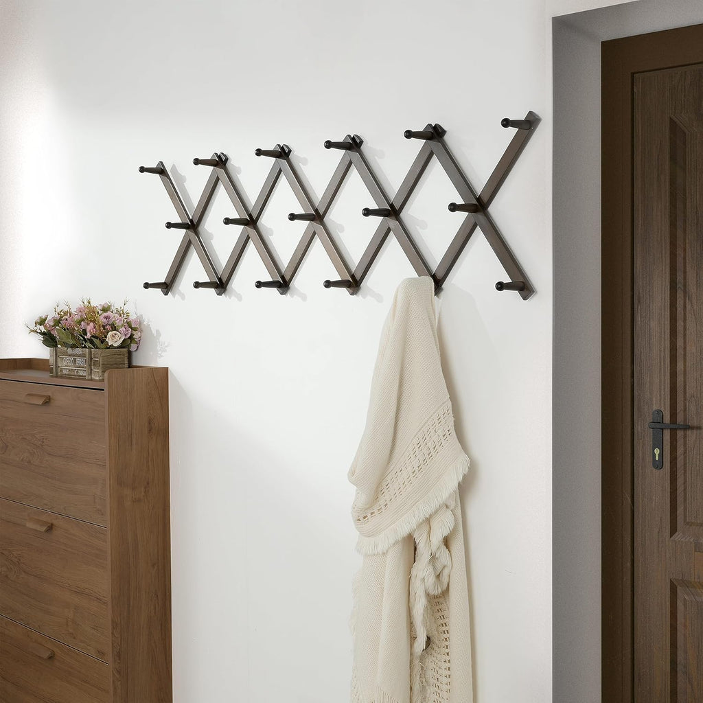 Dseap Accordion Wall Hanger: 16'' High Wooden Wall Expandable Coat Rack,Hat Rack Holder,Accordion Hook for Baseball Caps,Coats,17 Peg Hooks,Dark Walnut