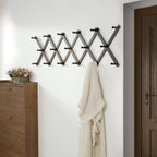 Dseap Accordion Wall Hanger: 16'' High Wooden Wall Expandable Coat Rack,Hat Rack Holder,Accordion Hook for Baseball Caps,Coats,17 Peg Hooks,Dark Walnut