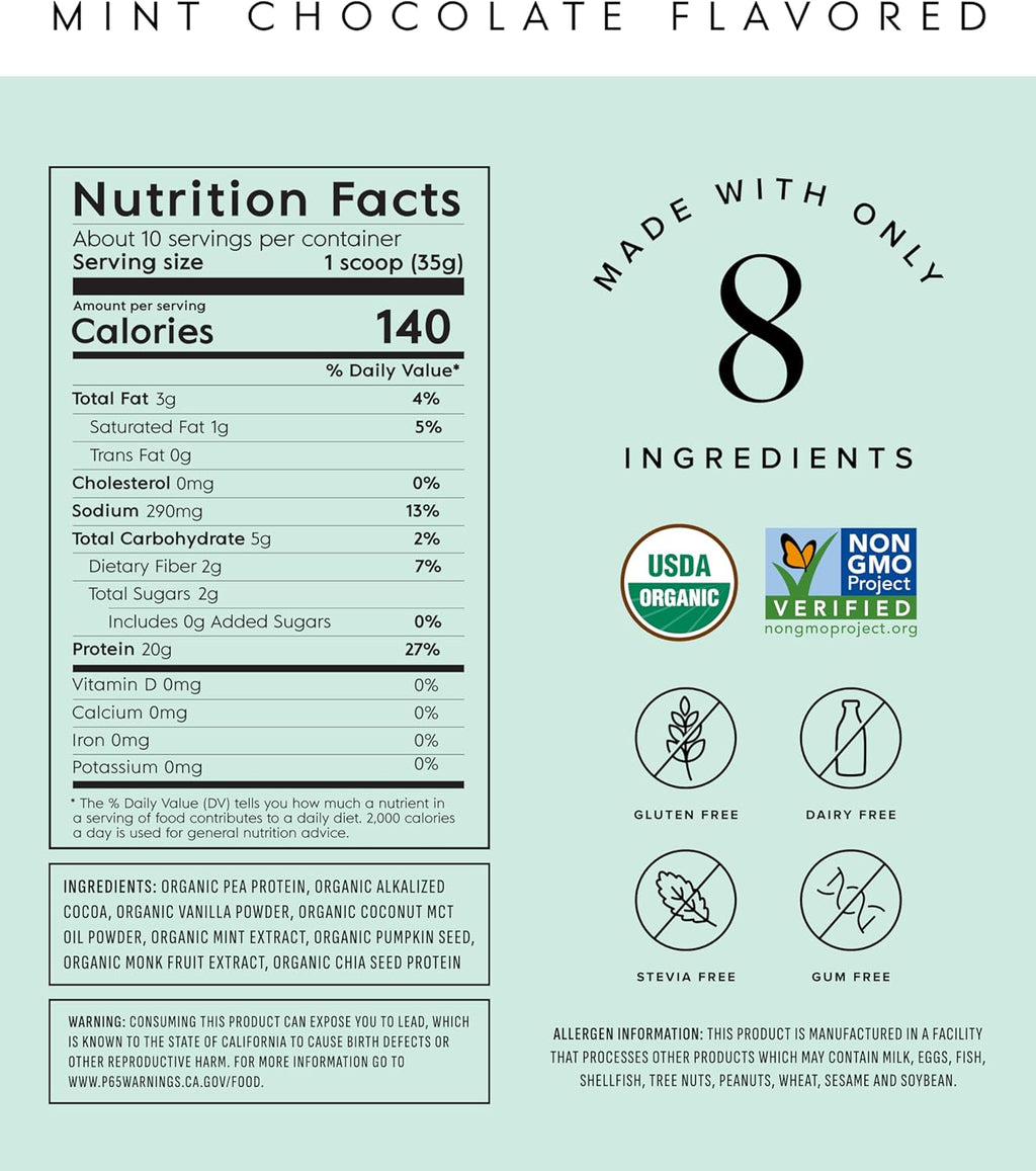 Truvani Vegan Pea Protein Powder | Mint Chocolate | 20g Organic Plant Based Protein Per Serving | 10 Servings | Keto | Gluten & Dairy Free | Low Carb | No Added Sugar