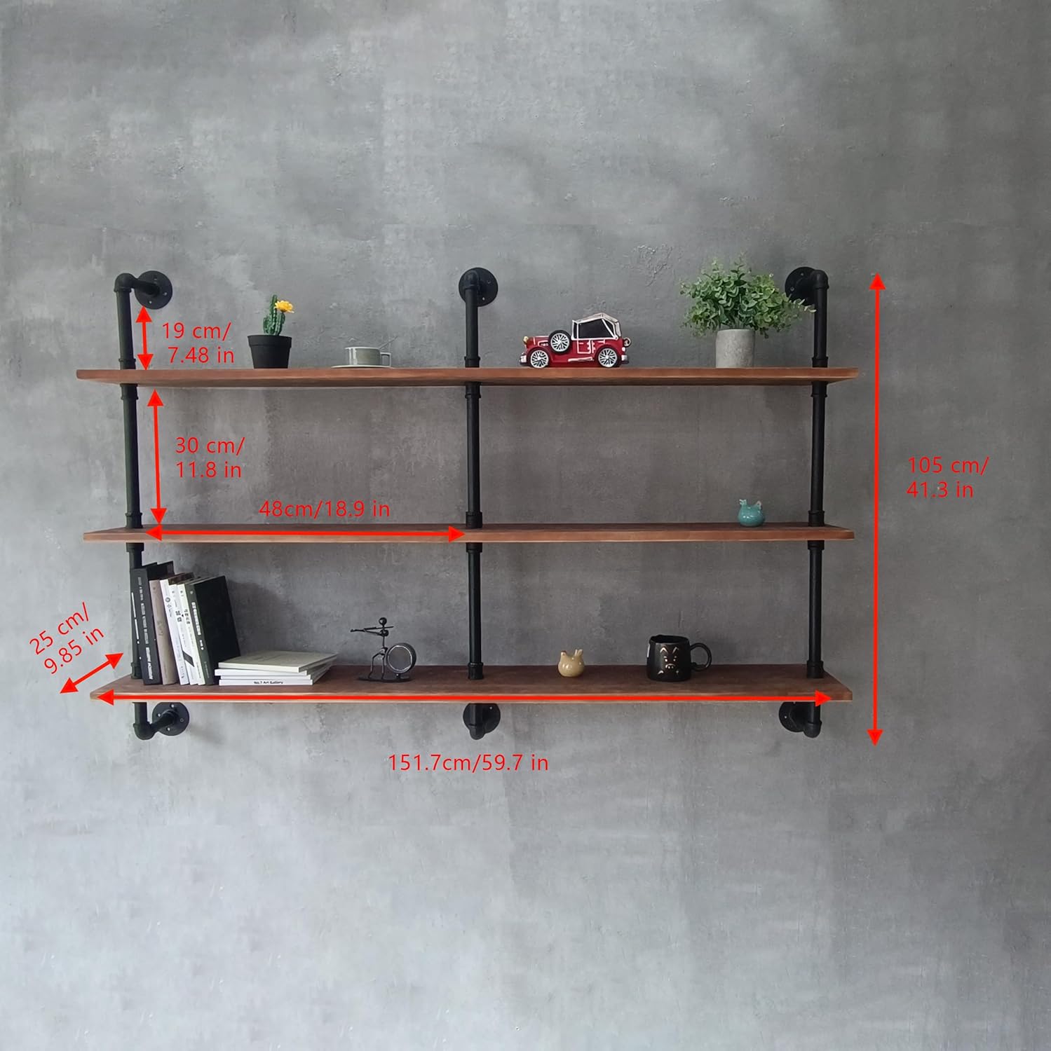 Floating Shelves for Wall Bookshelf Industrial Pipe Shelving Shelves Natural Wood Planks 60 inch Rustic Wall Shelves Hanging Bookshelves Farmhouse Kitchen Shelving
