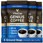 VitaCup Genius Ground Keto Coffee w/Turmeric, MCT Oil, B Vitamins, D3, Ground Coffee Medium Dark Roast, Bold & Smooth, 100% Arabica Coffee Grounds, 6 bags, 11oz each