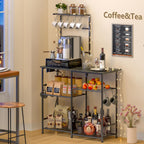 Bakers Rack with Power Outlet, Kitchen Microwave Stand with 10 S-shaped Hooks, 6-Tier Coffee Bar Station, Kitchen Storage Shelf Rack for Spices, Pots, Gray