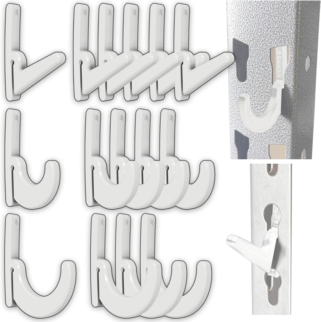 Heavy Duty Plastic L-Hooks and J-Hooks for Garage Shelving, Compatible with Keyhole Slots, UV-Resistant, 40 lbs Load Capacity (15, White L-Hook and J-Hook Assortment)