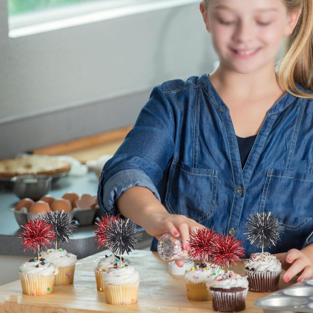 40 PCS Foil Firework Cupcake Toppers Sparkle Tinsel Cupcake Picks Fireworks Birthday Party Decorations Cocktail Fruit Toothpick for Birthday Wedding Graduation Party Decorations Supplies Black Red