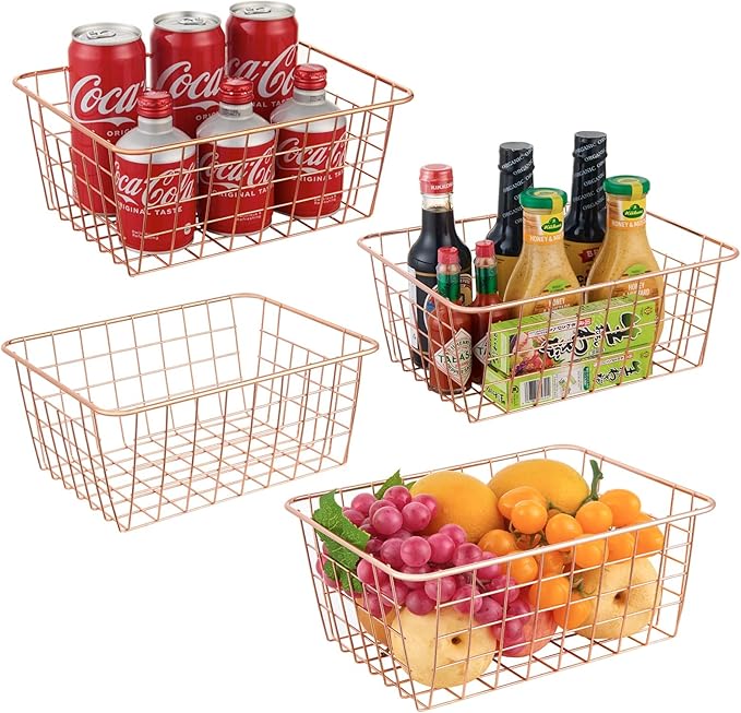 Wire Kitchen Storage Basket 4 Packs,Perfect Pantry Organization Accessories Baskets,Laundry Basket,Countertop Organization,Suitable for Kitchen,Bathroom,Bedroom,Tabletop,Rose gold