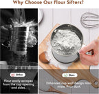 3-Cup Flour Sifter for Baking, Stainless Steel One-Hand Press Sifter with Double-Layer Fine Mesh - Includes Bonus Dough Scraper/Cutter for Bread & Pastry (White)