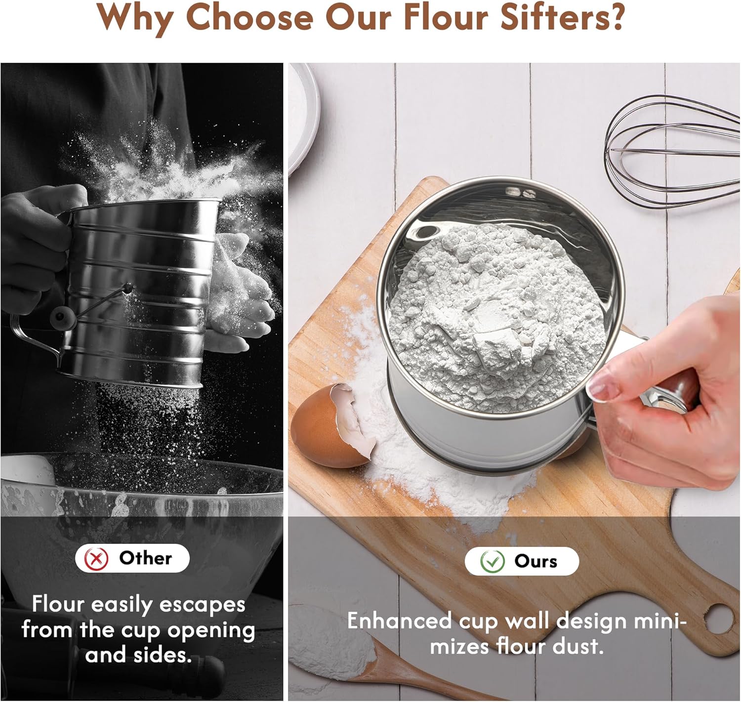 3-Cup Flour Sifter for Baking, Stainless Steel One-Hand Press Sifter with Double-Layer Fine Mesh - Includes Bonus Dough Scraper/Cutter for Bread & Pastry (White)