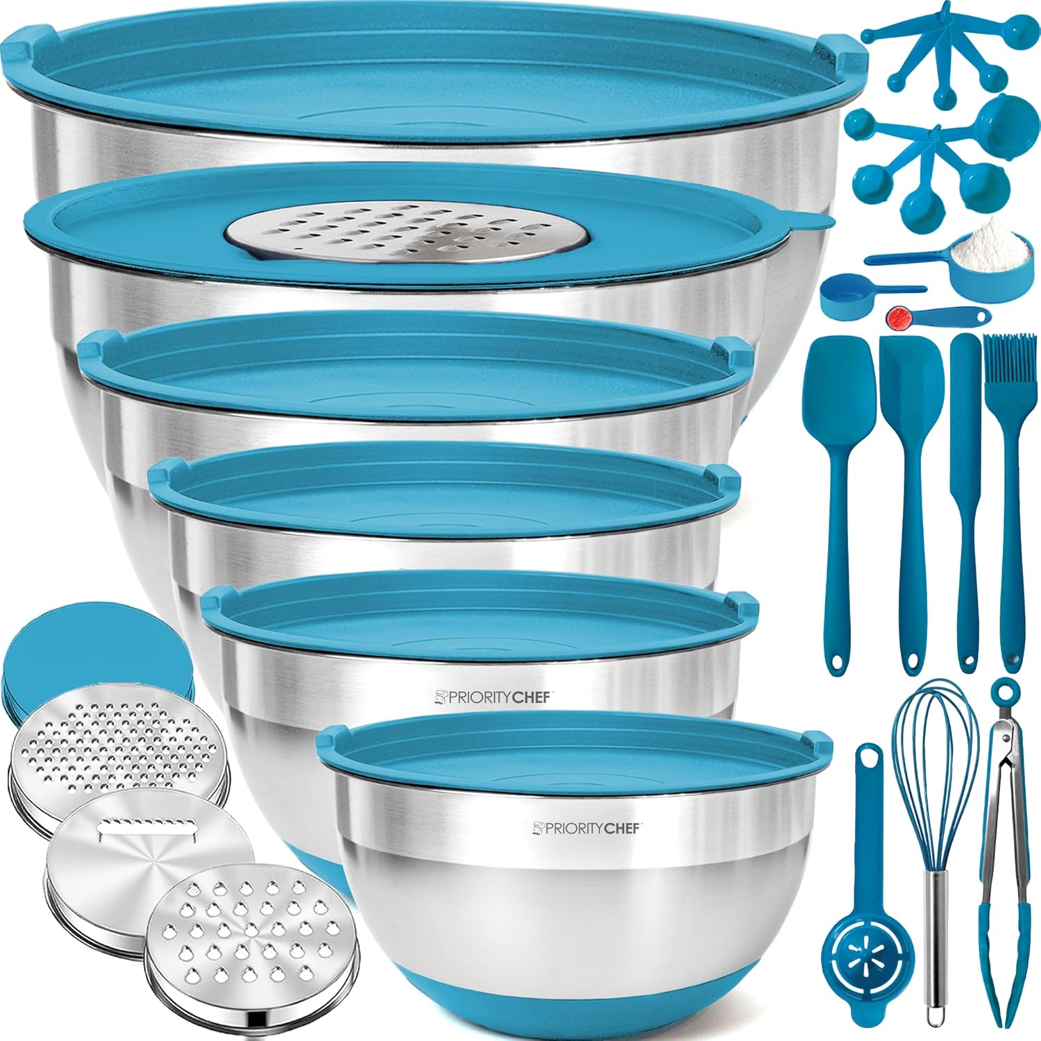Priority Chef Stainless Steel Mixing Bowls with Lids Set - Premium 30Pcs with 6pc Metal Bowl Set for Kitchen, 3 Graters, Airtight Lids, Non-Slip Bases & Silicone Utensils, Turquoise