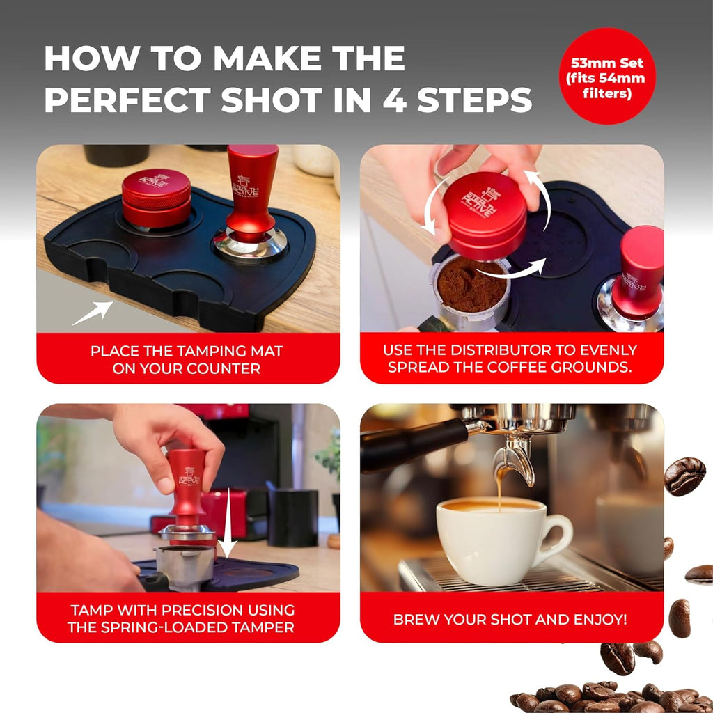 StealthActive&Co 53mm Espresso Tamper 3 in 1 Set Compatible with 54mm Filter - Spring Loaded Espresso Machine Tamper with Aluminum Handle, Espresso Distribution Tool, and Non-Slip Tamping Mat