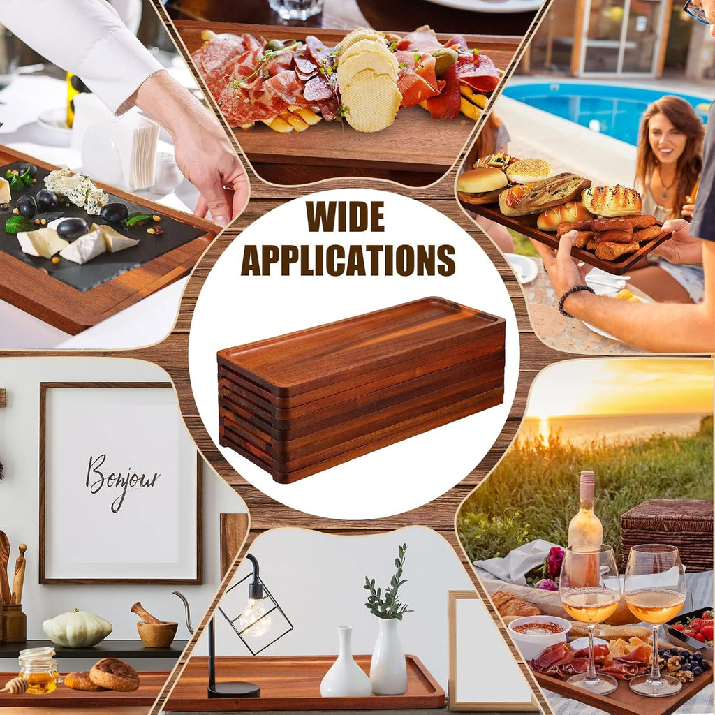 10 Pack Solid Wood Serving Trays 16.7 x 6.4 Inch Acacia Wooden Server Platter Rectangular Charcuterie Boards with Grooved Handle for Home Room Coffee Cheese Appetizer Table Farmhouse Serving Decor