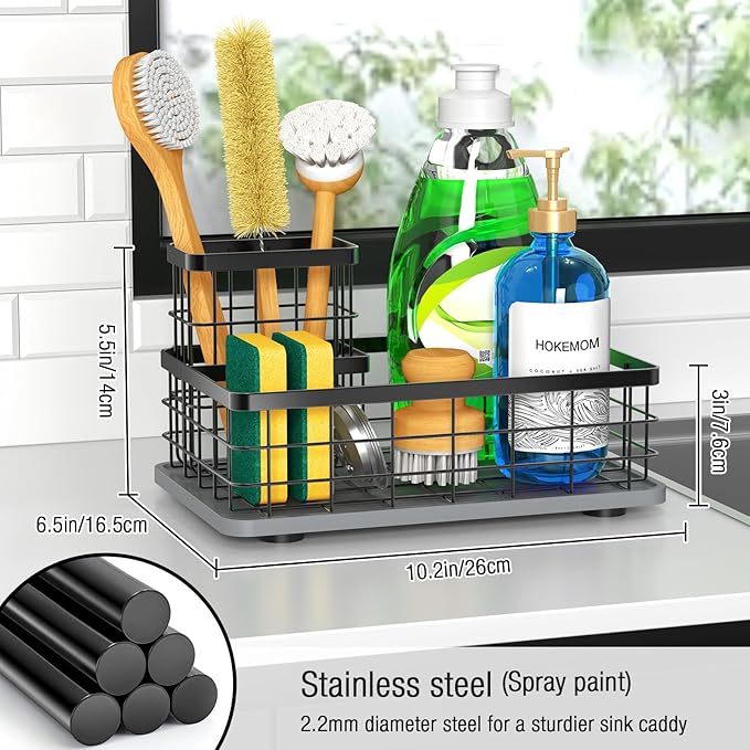 Large Family-Sized Sponge Holder for Kitchen Sink with Brush Holder - Drain-Free Non-Slip Base, 2.6mm Stainless Steel with Black Rust-Resistant Coating-10.24"L x 6.5"W x 5.83"H Sink Organizer