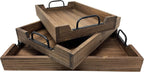 3 Piece Decorative Nested Vintage Wood Serving Tray Set for Coffee Table or Ottoman – Rustic Wooden Breakfast Trays for Kitchen, Dining Room, or Living Room – Farmhouse Platter w/Handles – Brown