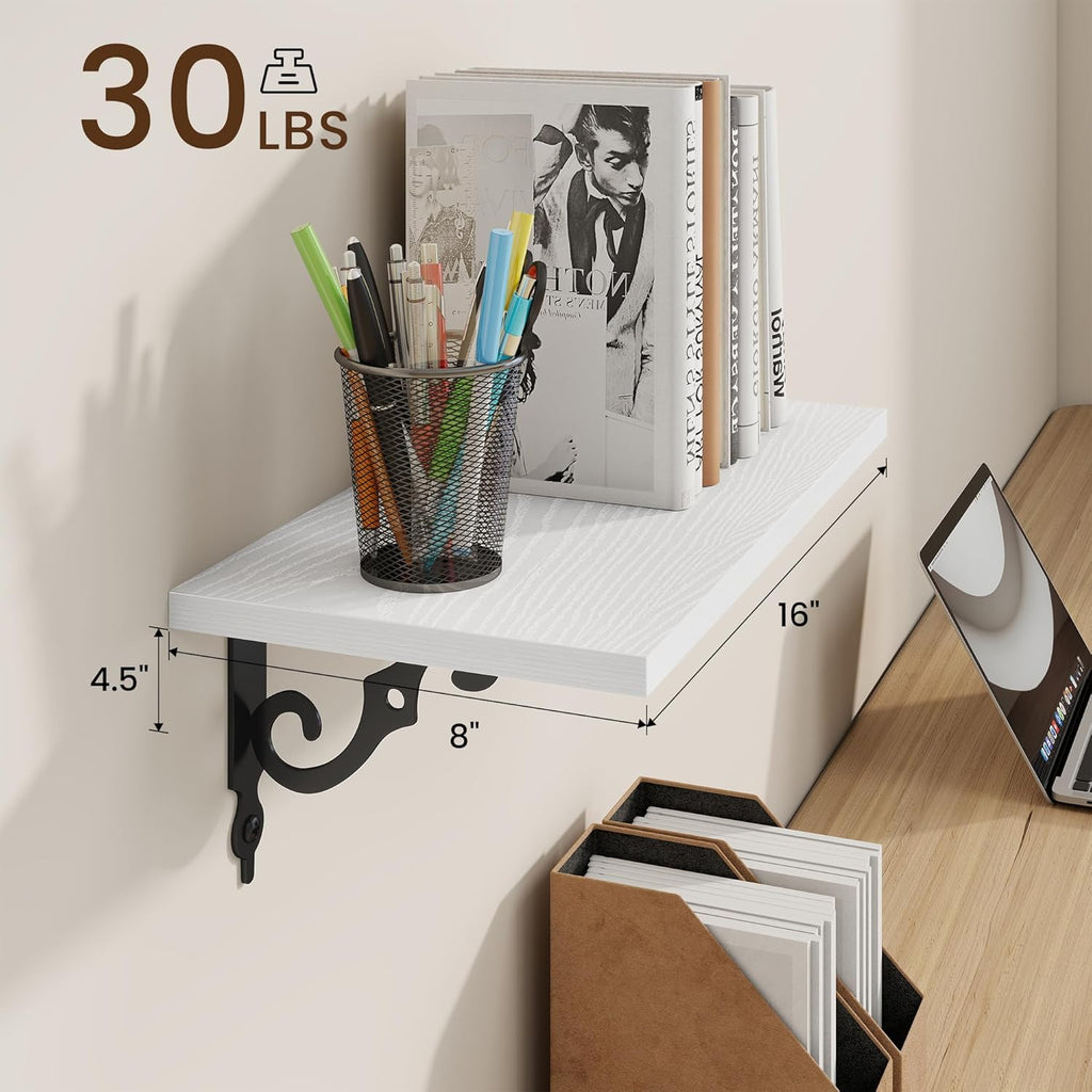 RICHFOCUS Floating Shelves for Wall Decor, 8 Inch Deep Wall Shelves Set of 2, 16W x 8D White Floating Shelves Wall Mounted with Metal Brackets, Rustic Wood Shelves for Living Room Bedroom Kitchen