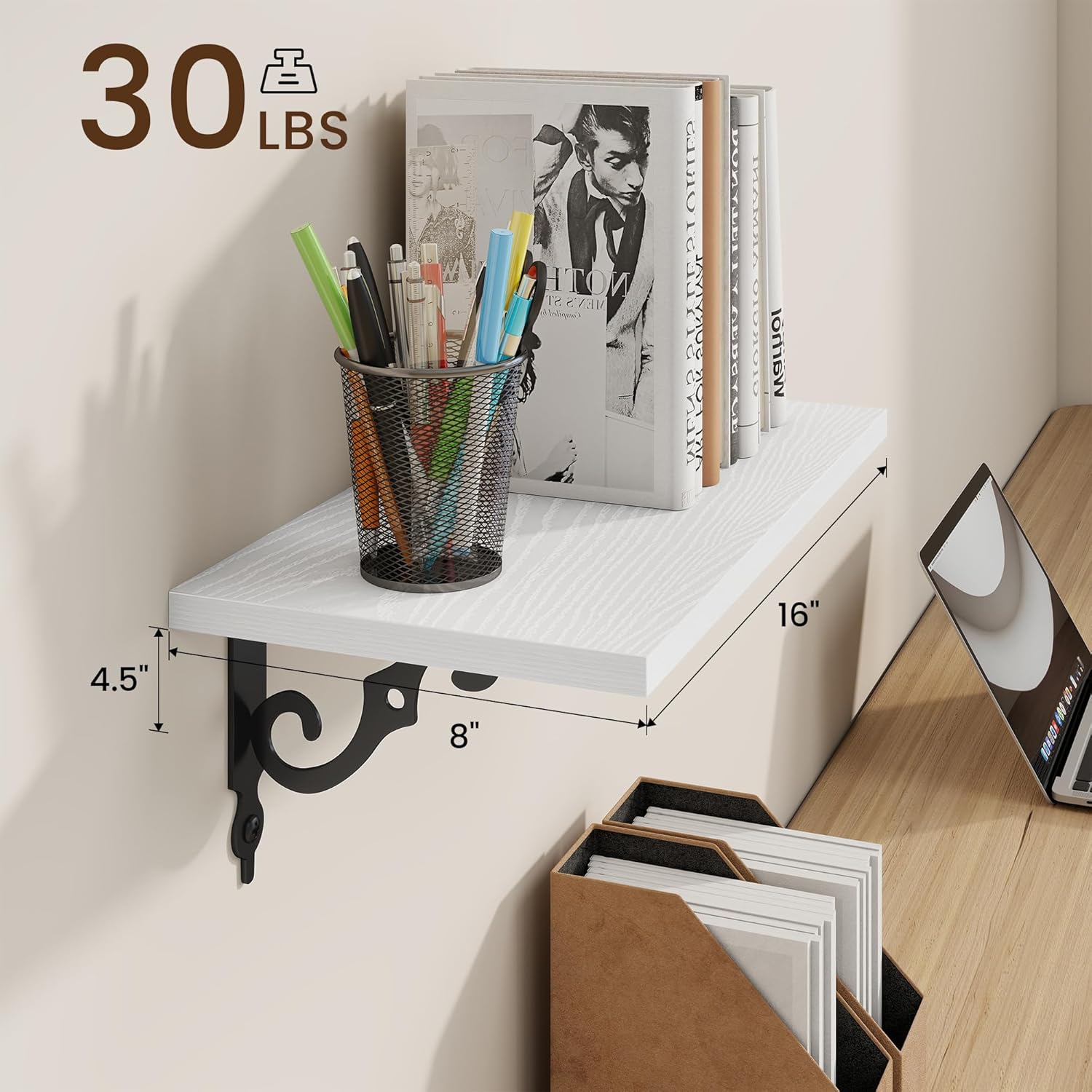 RICHFOCUS Floating Shelves for Wall Decor, 8 Inch Deep Wall Shelves Set of 2, 16W x 8D White Floating Shelves Wall Mounted with Metal Brackets, Rustic Wood Shelves for Living Room Bedroom Kitchen