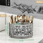 360° Rotating Utensil Caddy - Silverware Cutlery Caddy Holder with 4 Compartment, Metal Flatware Organizer Countertop with Handle for Party Camping Picnic, Kitchen Counter, Office (Silver)