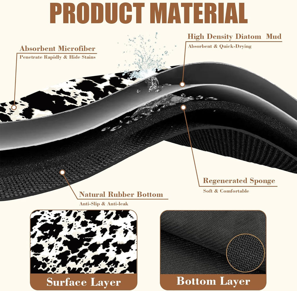 Dish Drying Mat Cow Print Coffee Bar Mat for Countertop Absorbent Hide Stain Rubber Backed Dish Drainer Rack Pad Espresso Machine Dining Room Decoration 11.8 x 19.7 Inch