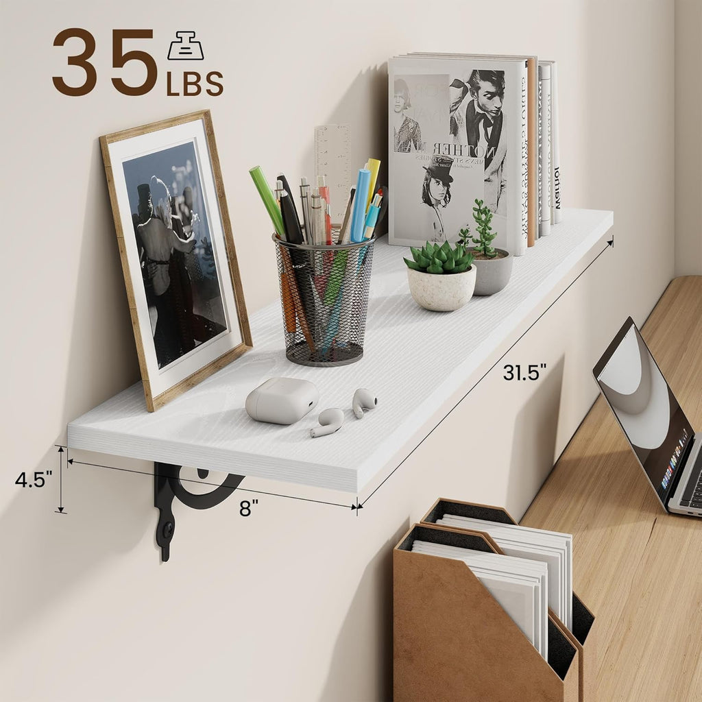 RICHFOCUS Floating Shelves for Wall Decor, 31.5W x 8D Shelves Set of 2, 8" Deep Rustic Wood Floating Shelves Wall Mounted with Metal Brackets, Shelves for Living Room Bedroom Kitchen, White