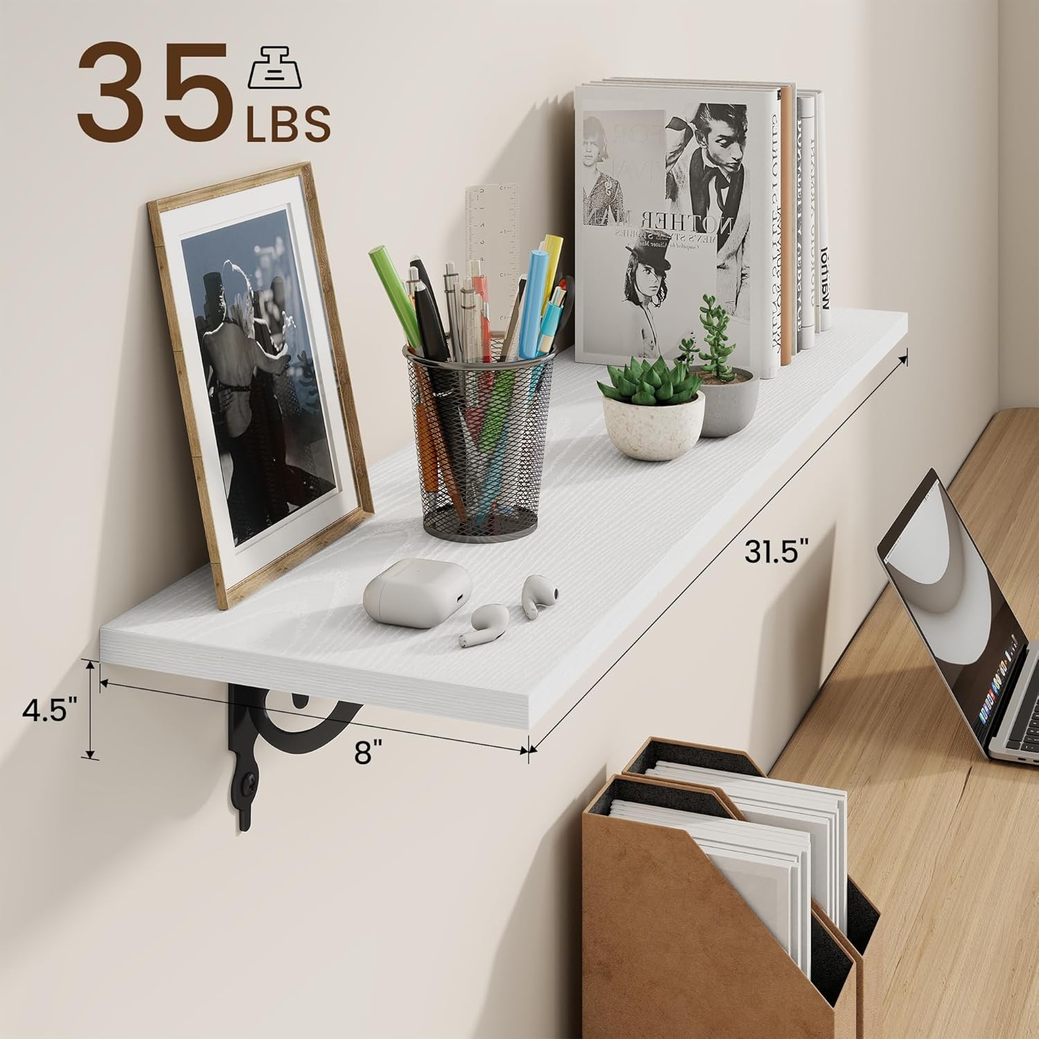 RICHFOCUS Floating Shelves for Wall Decor, 31.5W x 8D Shelves Set of 2, 8" Deep Rustic Wood Floating Shelves Wall Mounted with Metal Brackets, Shelves for Living Room Bedroom Kitchen, White