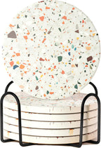 Absorbent Coaster Set of 6 with Holder, Drink Coasters for Coffee Table, Kitchen, Home Decor, Cute Ceramic Round Coasters, Alternative to Silicone, Cork or Glass Coaster (Marble with Black Holder)