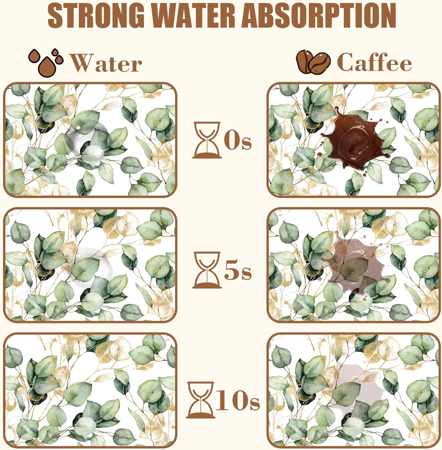 Gold and Green Eucalyptus Leaf Dish Drying Mat for Kitchen Counter Coffee Bar Mat Hide Stain Absorbent Rubber Backed Dish Drainer Rack Pad Coffee Pot Espresso Machine Accessories 15.7 x 23.6 Inch