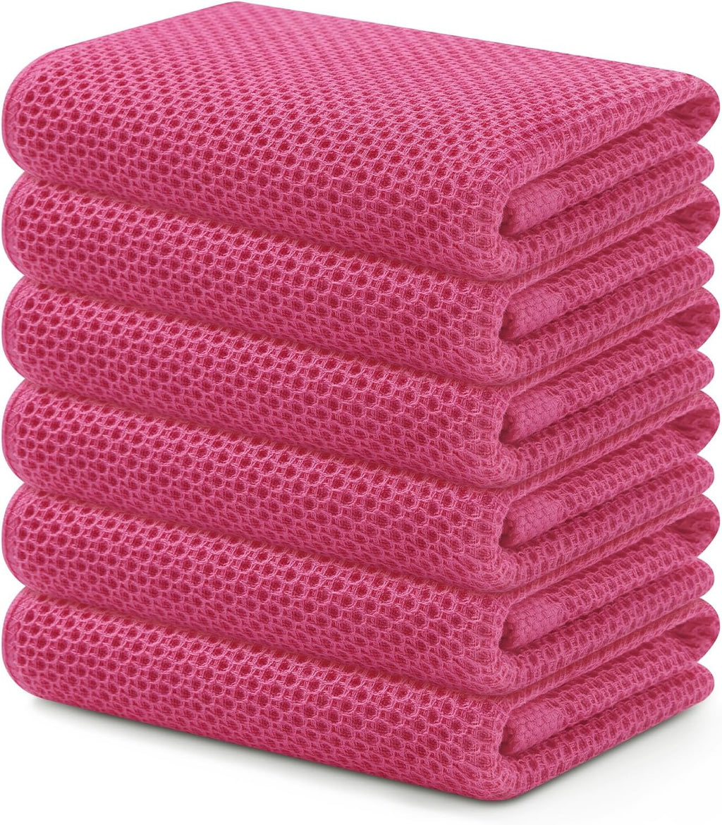 Kitinjoy 100% Cotton Waffle Weave Kitchen Towels, 6-Pack Super Soft and Absorbent Dish Towels for Drying Dishes, Kitchen Hand Towels, 13 in x 28 in, Hot Pink