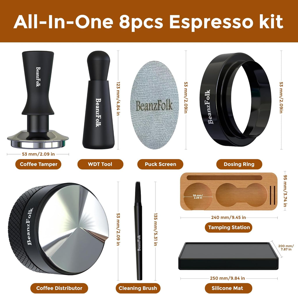 8-Piece Espresso Accessory Set – 53 mm Tools (Fits 54 mm Portafilters) – Tamper Station, Tamper, Distributor/Leveler, WDT Tool, Dosing Ring, Cleaning Brush, Puck Screen & Silicone Mat