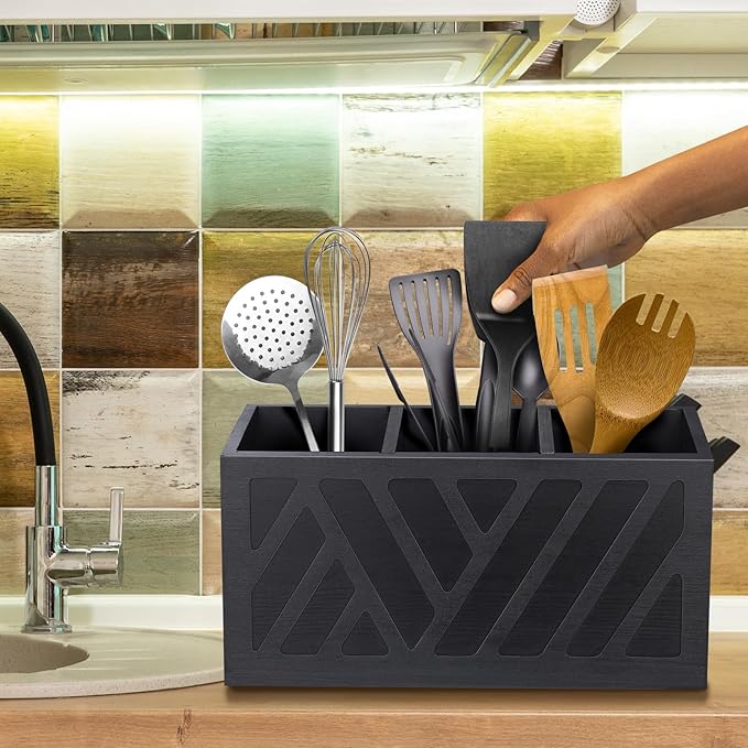 Utensil Holder Caddy with 3 Compartments, Wooden Flatware Cutlery Storage Organizer Box Countertop for Silverware Fork Spoon Spatula