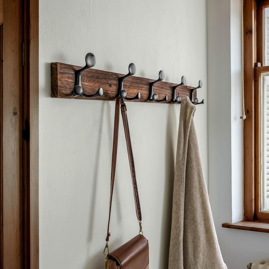 SKOLOO 30-Inch Wood Burnt Coat Rack Wall Mount with 5 Triple Hooks - Ideal for Family Entrances, Classrooms, and Pet Supplies Storage - Perfect Coat Hooks for Wall
