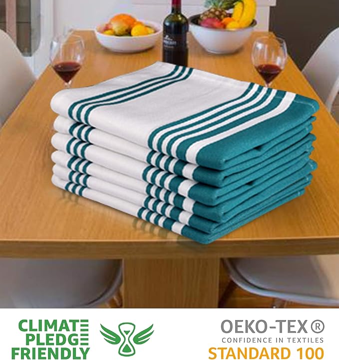 Urban Villa Kitchen Towels 100% Cotton Dish Towels for Kitchen (Set of 6) 20”x30” Dish Cloths Highly Absorbent Kitchen Linen Set with Hanging Loop Perfect for Drying Dishes Cleaning Towels-Teal White