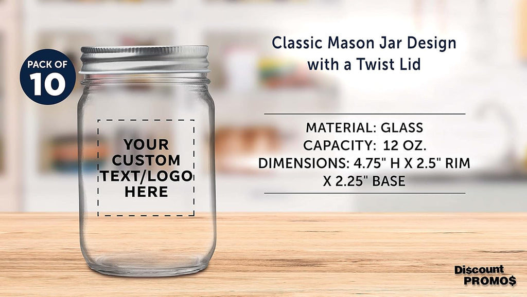 DISCOUNT PROMOS 10 Decorating Mason Jars Set, 12 oz. - Customizable Text, Logo - Canning, Aluminum Lid - Clear