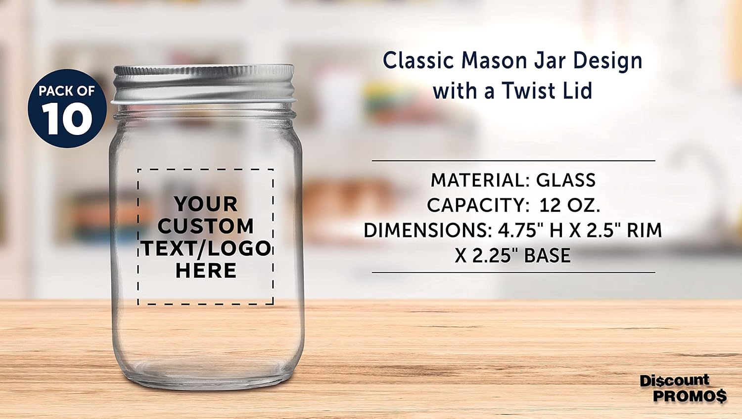DISCOUNT PROMOS 10 Decorating Mason Jars Set, 12 oz. - Customizable Text, Logo - Canning, Aluminum Lid - Clear