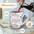 Christian Art Gifts Inspirational Ceramic Coffee & Tea Mug for Women: Amazing Grace, Cute Encouraging Lead-free Microwave & Dishwasher Safe Drinkware, White & Lavender Purple Multicolor Floral, 12 oz.