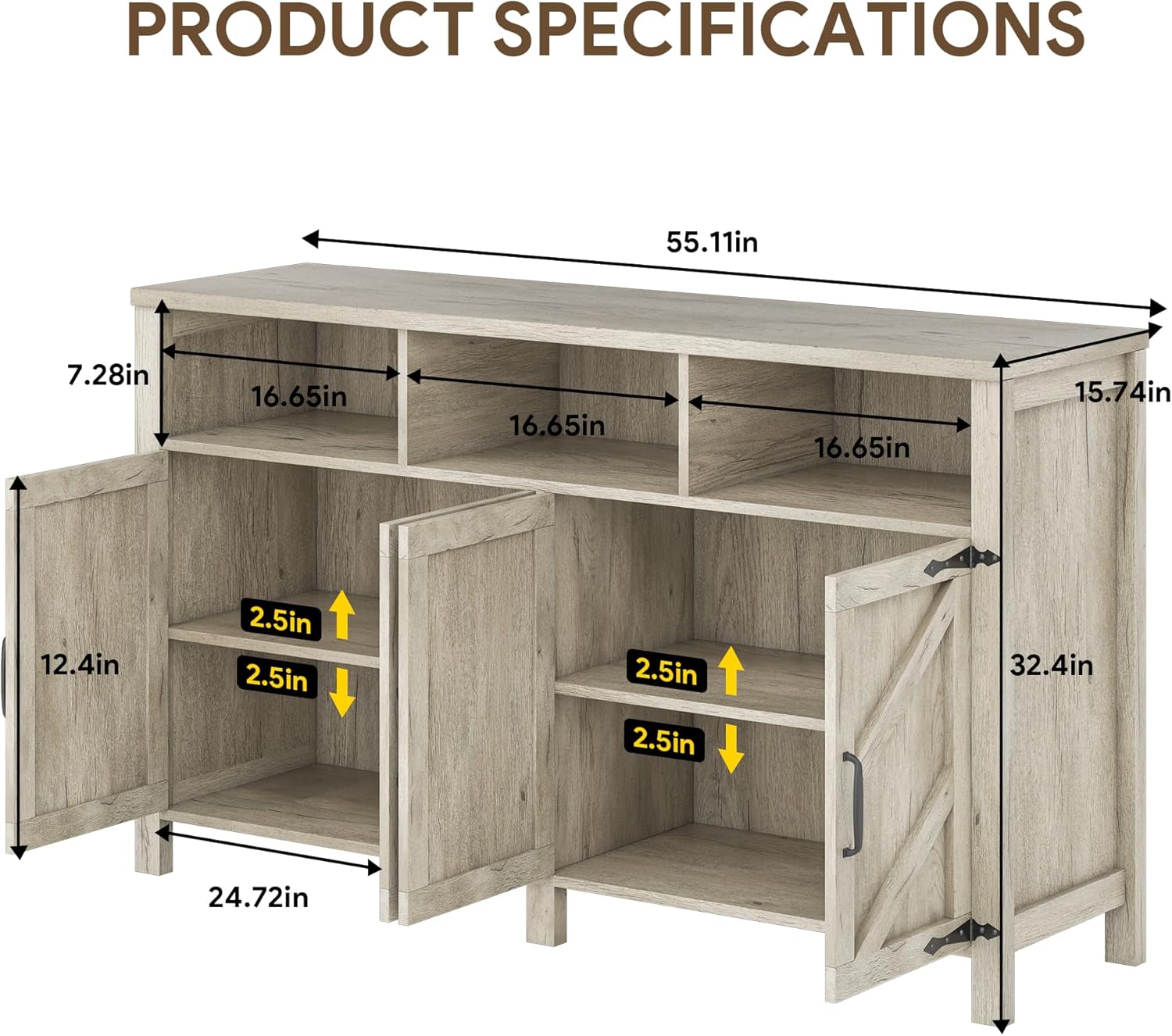 Buffet Cabinet with Storage Farmhouse with 4 Doors, 55'' Large Kitchen Storage Cabinet Wood Coffee Bar Buffet Sideboard for Kitchen, Dining Room, Entryway